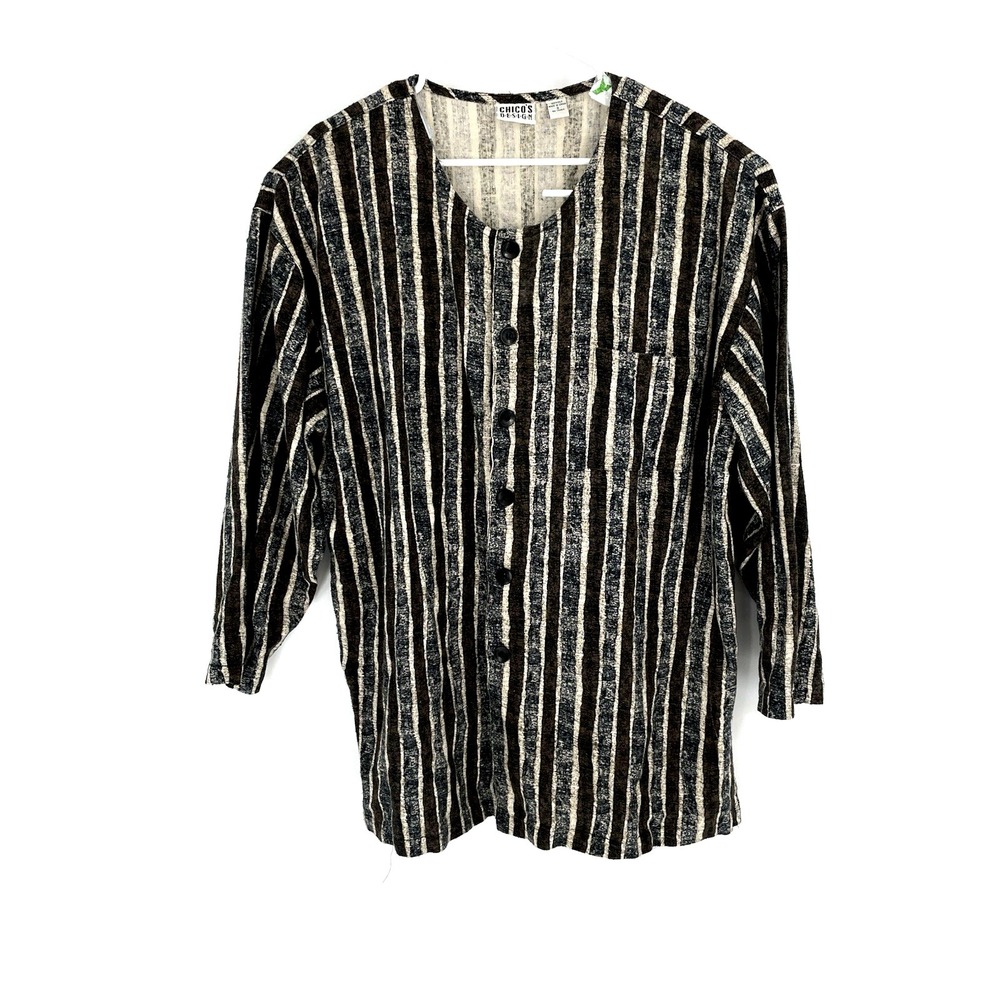 Vtg Chicos Designs Men Size 3 Button Up‎ 100% Silk Striped Collarless Shirt BOHO